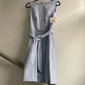 Anne Klein blue/white pinstripe poplin dress with tie. Size 6
